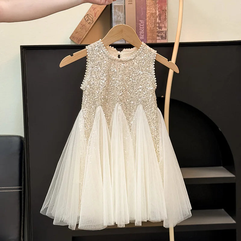 Summer Girls Tulle Dress Princess Sequined Puff Mesh Gown