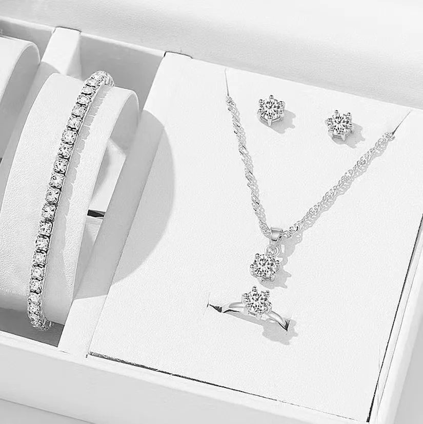 5Pcs Elegant Crystal Jewelry Set Zirconia Ring, Necklace, Bracelet, And Earrings