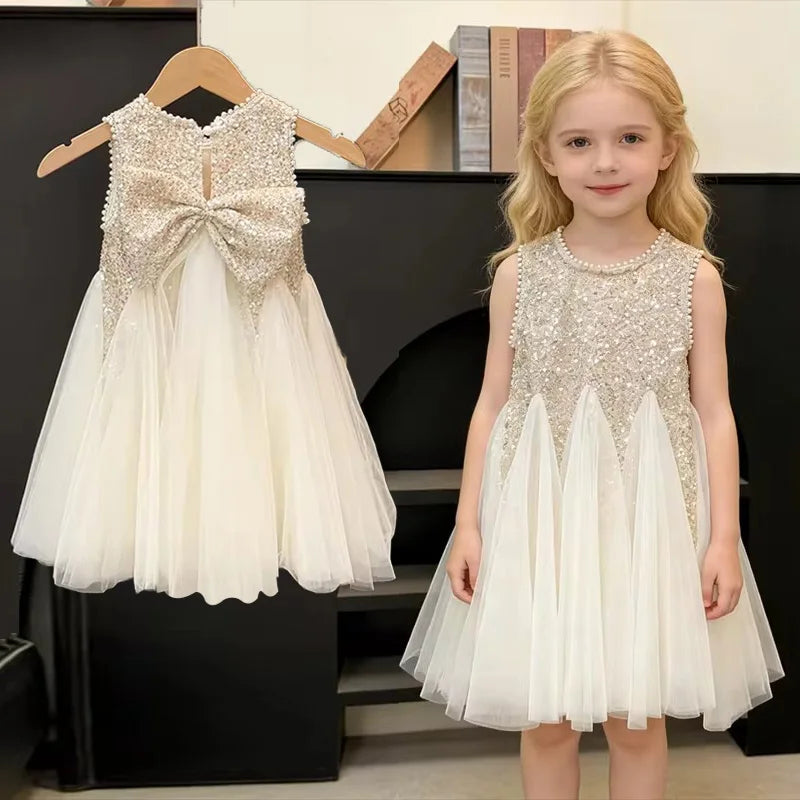Summer Girls Tulle Dress Princess Sequined Puff Mesh Gown