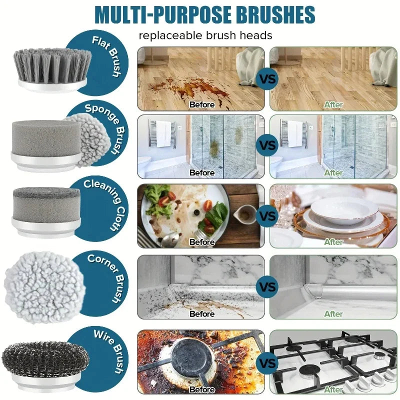 Electric Spin Scrubber-Cordless Cleaning Brush Power Scrubber with 5 Replaceable Brush Heads