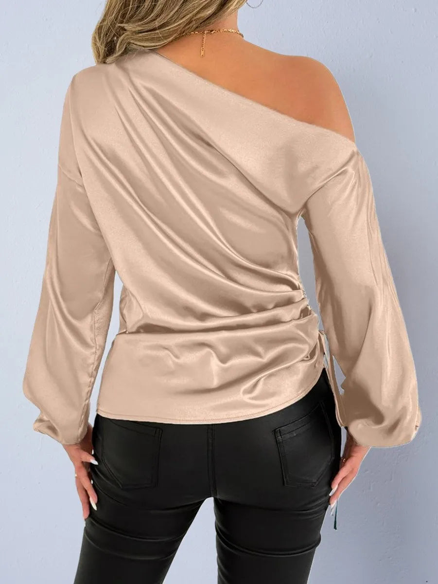 Spring Summer Women's Clothing Satin Asymmetric Slash Neck Long Sleeve Blouse For Woman Slim Fit Polyester Satin Casual Top