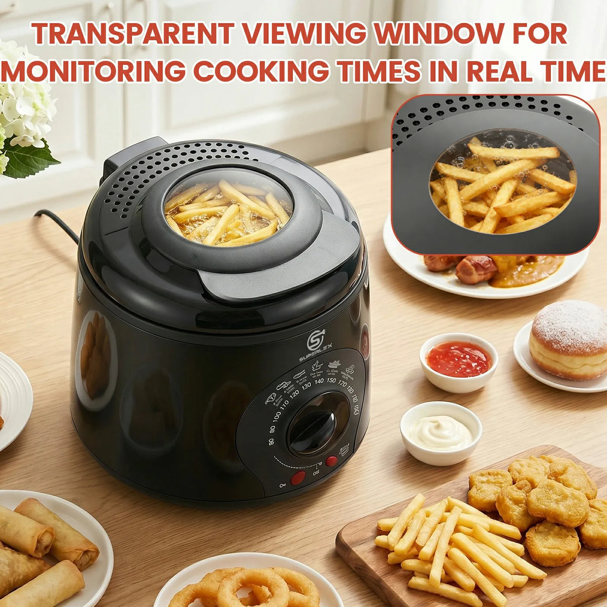 SUPERLEX Electric Deep Fryer 1L For Home Temperature Control Visual Window Removable Oil Tank Easy‑Clean