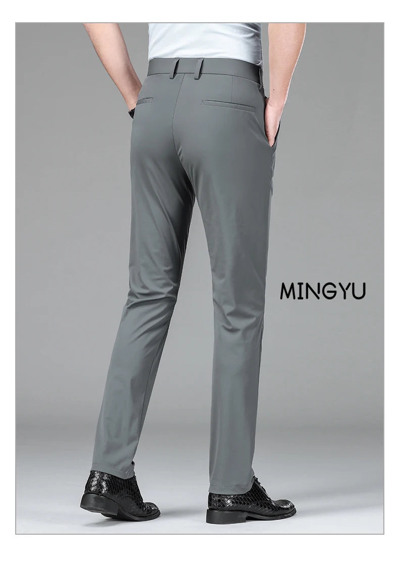 High Stretch Fabric Summer Thin Ice Silk Business Pants Men Elastic Waist Classic Work Office Formal Suit Trousers Plus Size 40