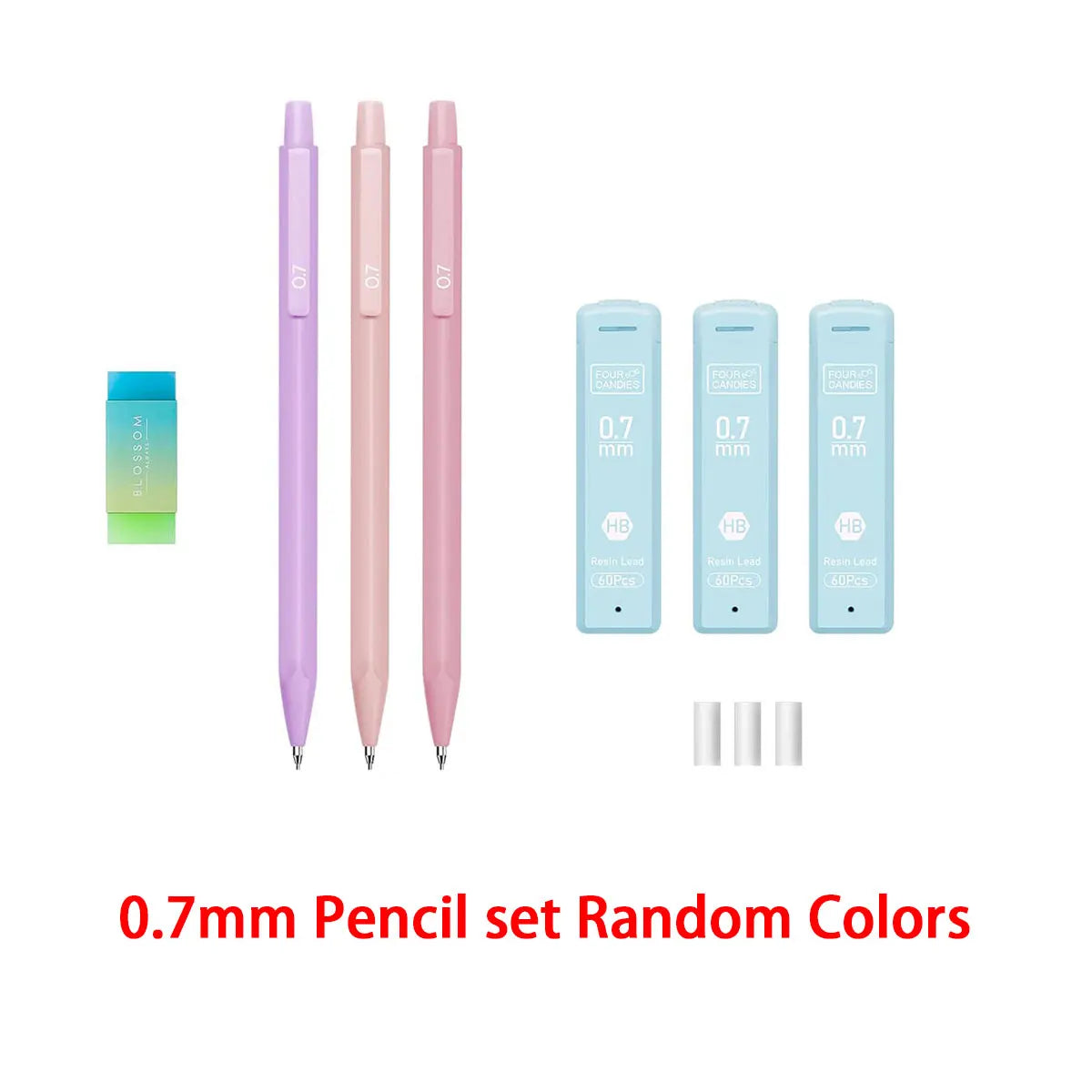 Cute Mechanical Pencil Set 6 Pastel Mechanical Pencils 0.5 0.7mm 120 HB Leads 3 Erasers