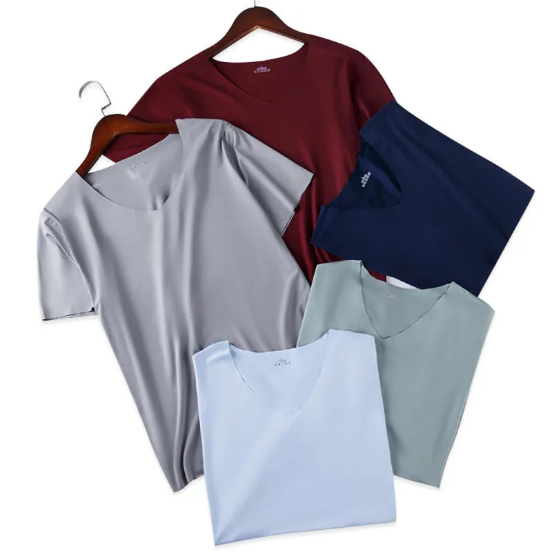 Men V Neck Ice Silk T Shirt- Seamless, Solid Color, Slim, Short Sleeve Summer