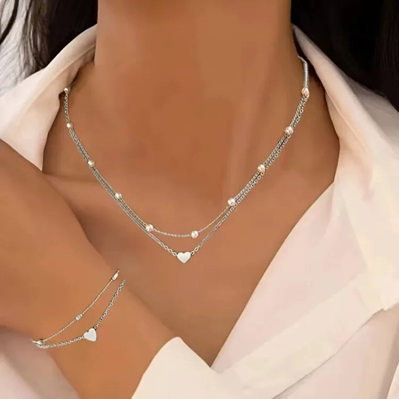 Fashion Pearl Heart Jewelry Set For Women Gold Silver Color Round Beads Necklace Bracelet Set