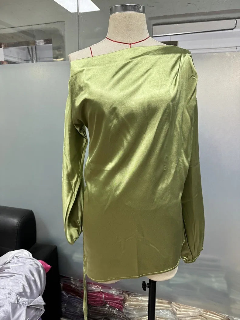 Spring Summer Women's Clothing Satin Asymmetric Slash Neck Long Sleeve Blouse For Woman Slim Fit Polyester Satin Casual Top