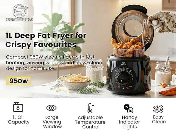 SUPERLEX Electric Deep Fryer 1L For Home Temperature Control Visual Window Removable Oil Tank Easy‑Clean