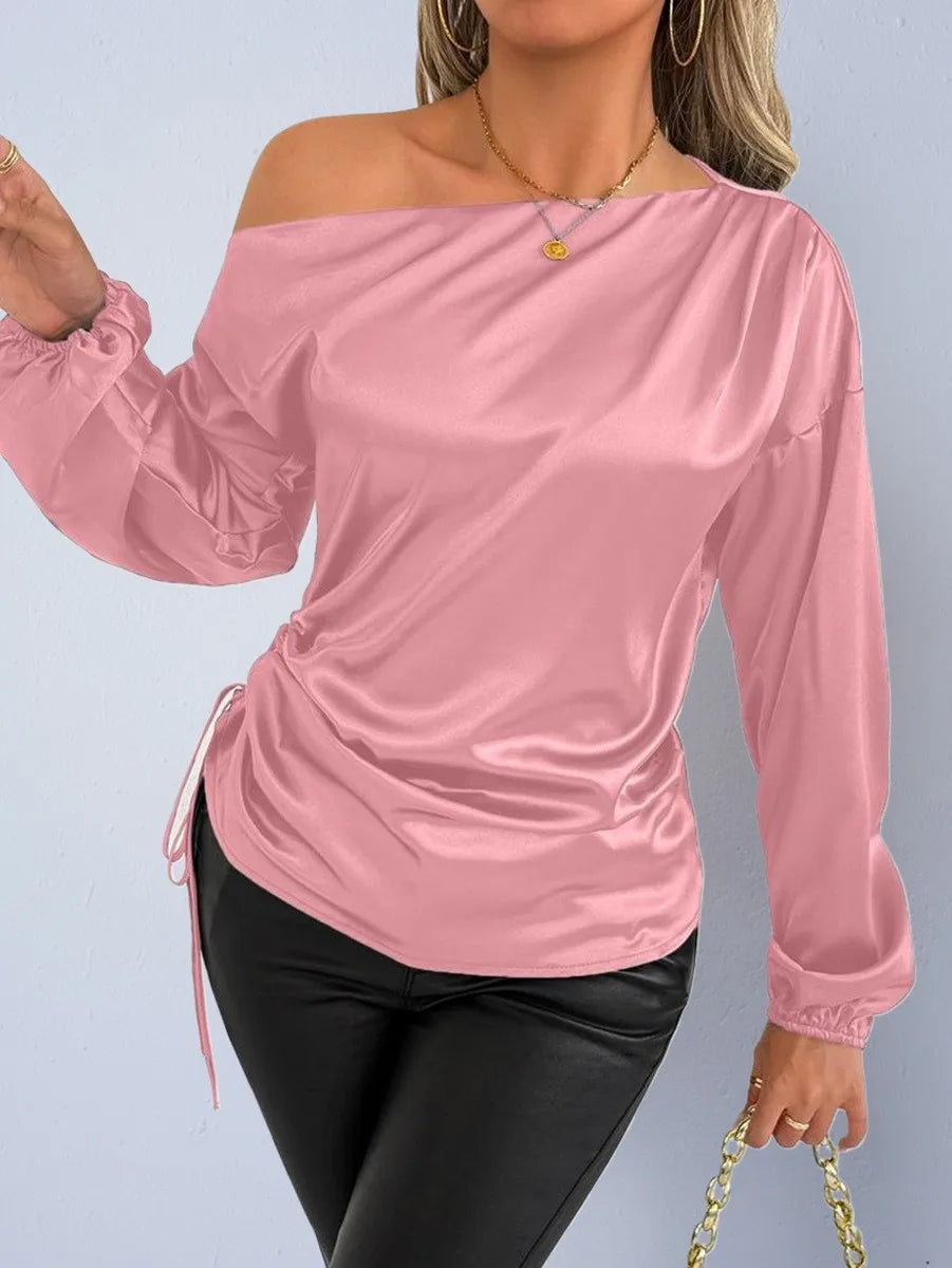 Spring Summer Women's Clothing Satin Asymmetric Slash Neck Long Sleeve Blouse For Woman Slim Fit Polyester Satin Casual Top