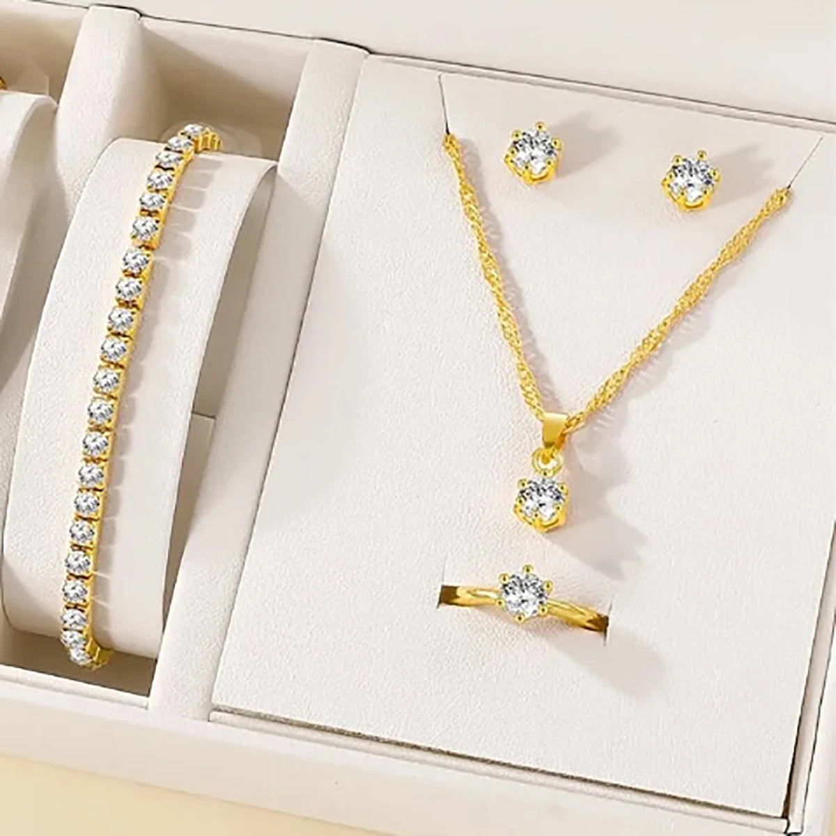 5Pcs Elegant Crystal Jewelry Set Zirconia Ring, Necklace, Bracelet, And Earrings