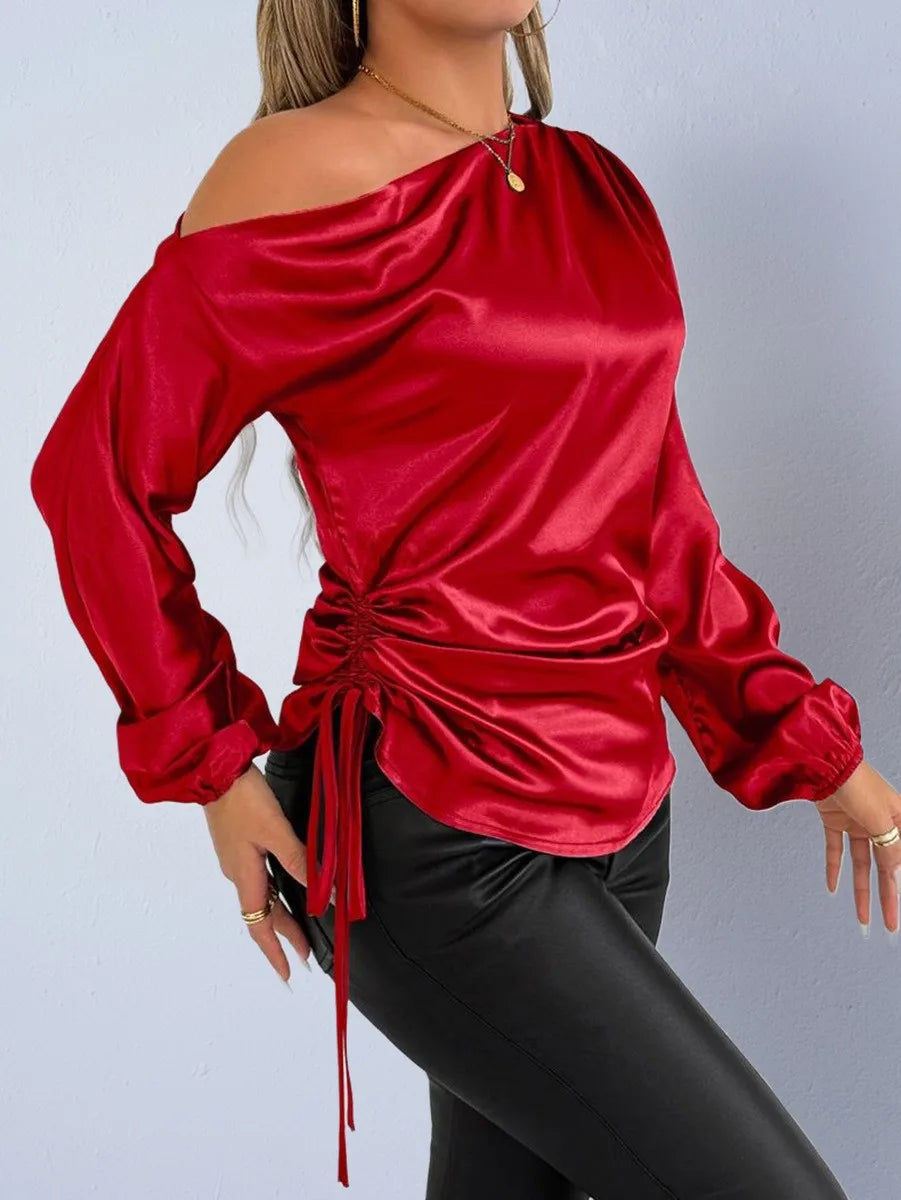 Spring Summer Women's Clothing Satin Asymmetric Slash Neck Long Sleeve Blouse For Woman Slim Fit Polyester Satin Casual Top
