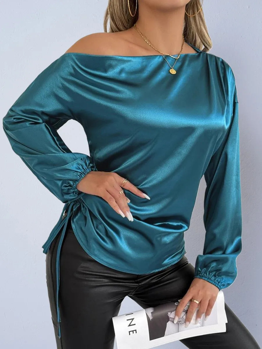 Spring Summer Women's Clothing Satin Asymmetric Slash Neck Long Sleeve Blouse For Woman Slim Fit Polyester Satin Casual Top