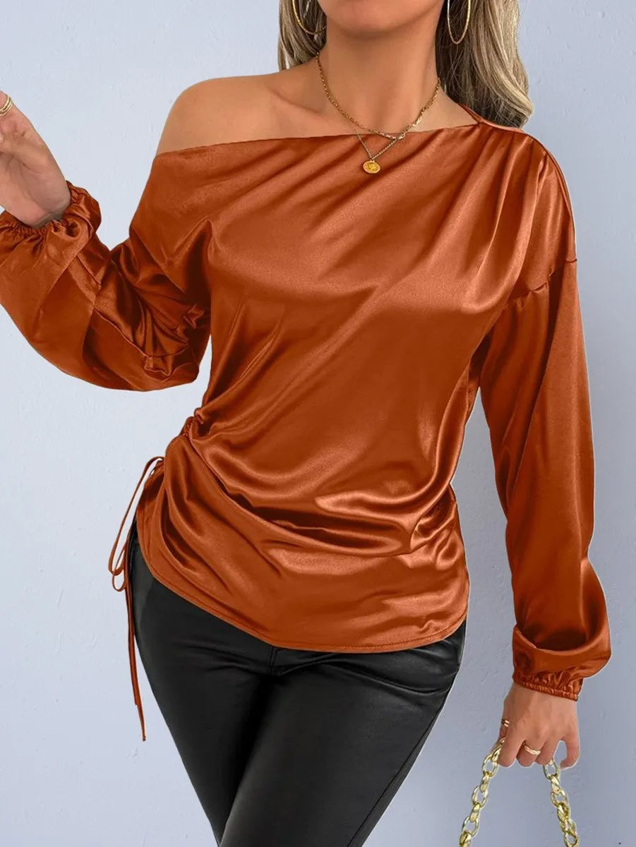Spring Summer Women's Clothing Satin Asymmetric Slash Neck Long Sleeve Blouse For Woman Slim Fit Polyester Satin Casual Top