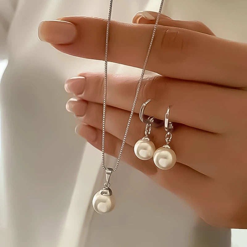 Fashion Elegant Pearl Pendant Jewelry Set for Women Vintage Gold Color Chain Necklace Earring Girl Wedding Party Gifts