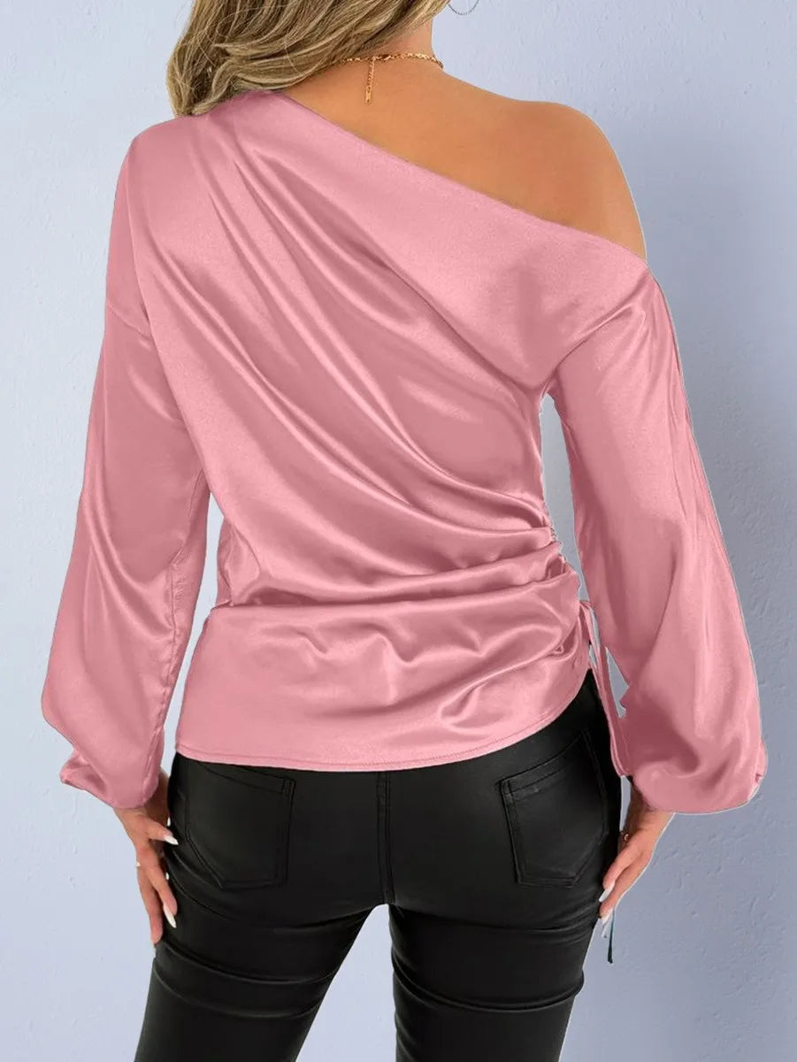 Spring Summer Women's Clothing Satin Asymmetric Slash Neck Long Sleeve Blouse For Woman Slim Fit Polyester Satin Casual Top