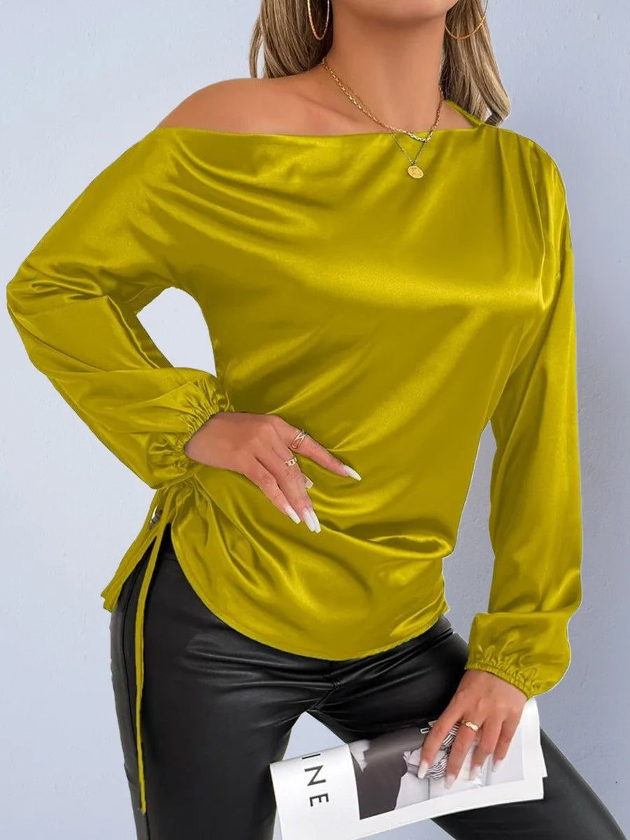 Spring Summer Women's Clothing Satin Asymmetric Slash Neck Long Sleeve Blouse For Woman Slim Fit Polyester Satin Casual Top