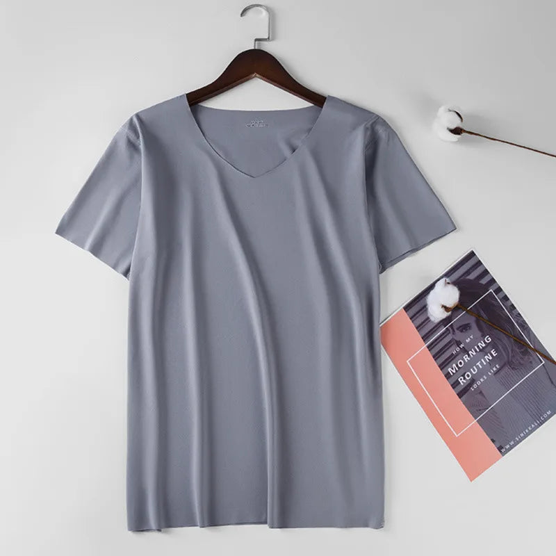 Men V Neck Ice Silk T Shirt- Seamless, Solid Color, Slim, Short Sleeve Summer