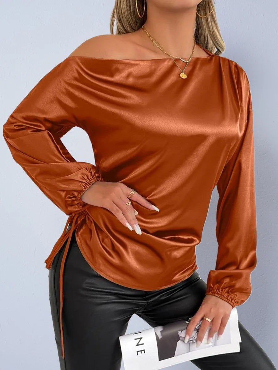 Spring Summer Women's Clothing Satin Asymmetric Slash Neck Long Sleeve Blouse For Woman Slim Fit Polyester Satin Casual Top
