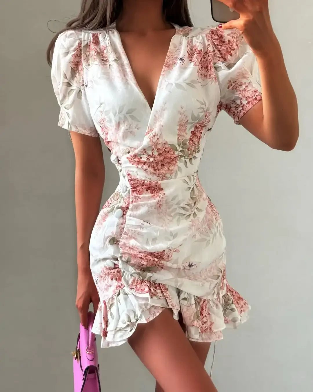 Lady Solid Satin Mini Dress Women Short Sleeve Stand Collar