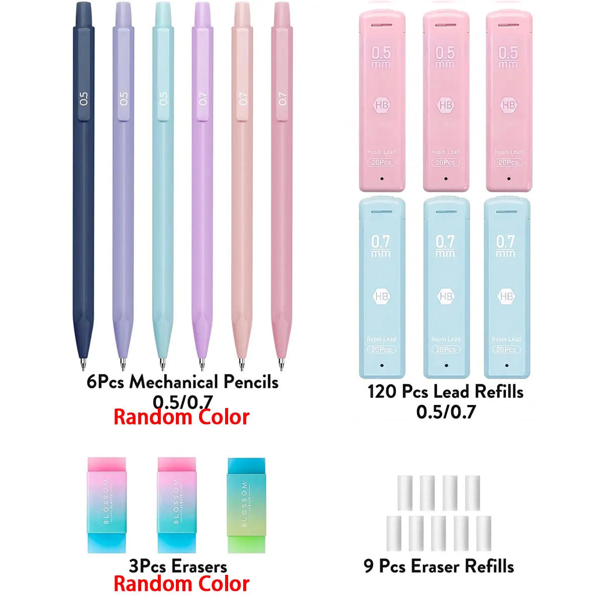 Cute Mechanical Pencil Set 6 Pastel Mechanical Pencils 0.5 0.7mm 120 HB Leads 3 Erasers