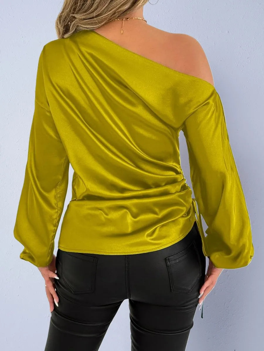 Spring Summer Women's Clothing Satin Asymmetric Slash Neck Long Sleeve Blouse For Woman Slim Fit Polyester Satin Casual Top