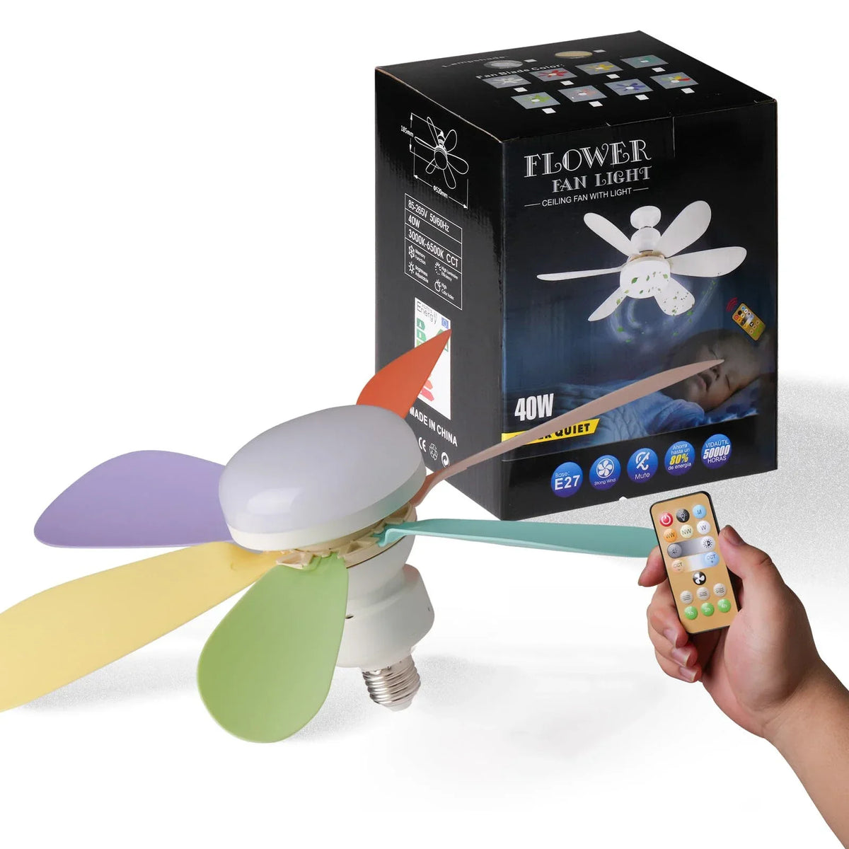 LED 40W ceiling fan light E27 with remote control for dimming, suitable for living room, study, household use, 85-265V