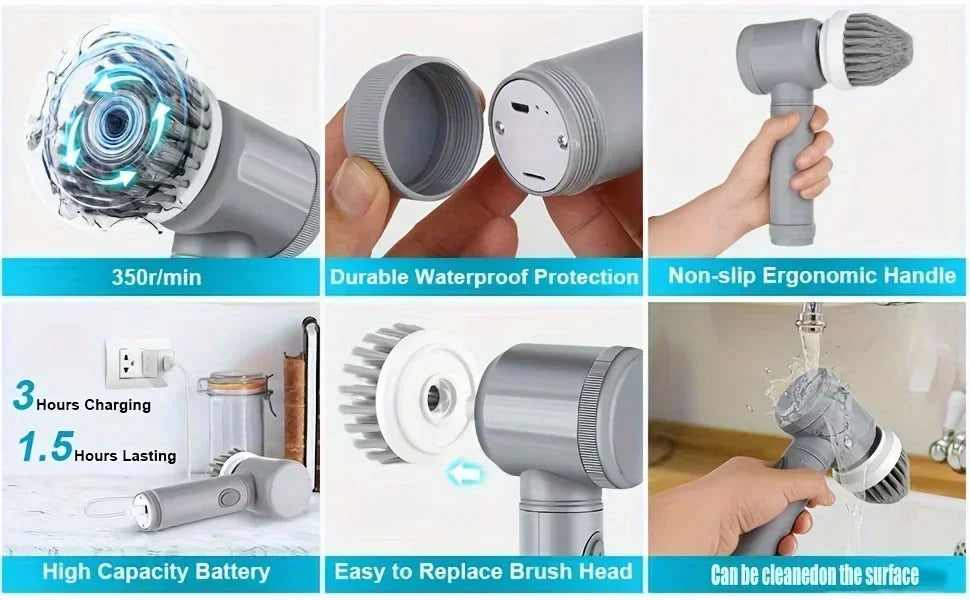 Electric Spin Scrubber-Cordless Cleaning Brush Power Scrubber with 5 Replaceable Brush Heads