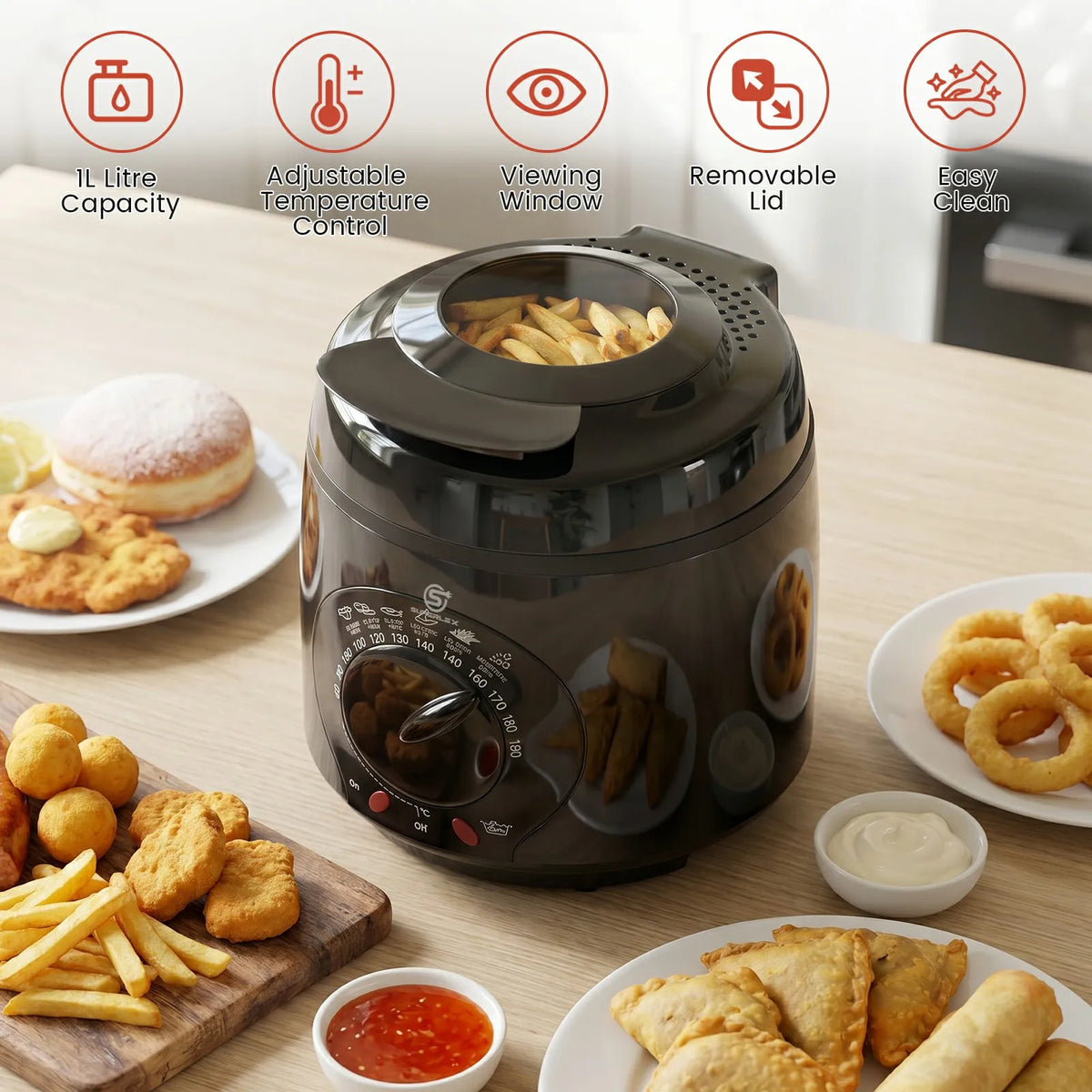 SUPERLEX Electric Deep Fryer 1L For Home Temperature Control Visual Window Removable Oil Tank Easy‑Clean