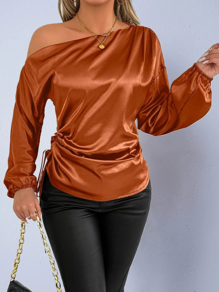 Spring Summer Women's Clothing Satin Asymmetric Slash Neck Long Sleeve Blouse For Woman Slim Fit Polyester Satin Casual Top
