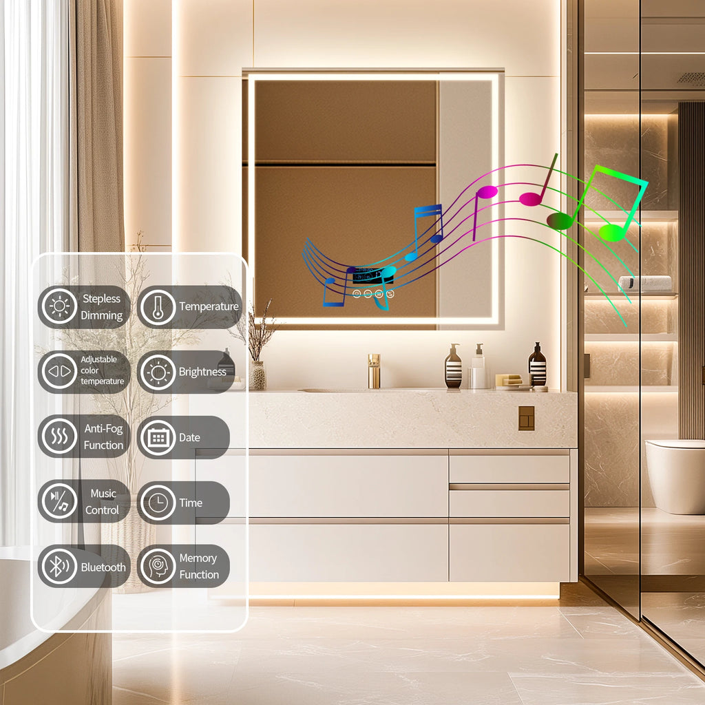 LED Bathroom Mirror 800mm Square Wall Mirror with Bluetooth Time Temperature Display 3 Colours Front+Backlit Anti-fog Memory