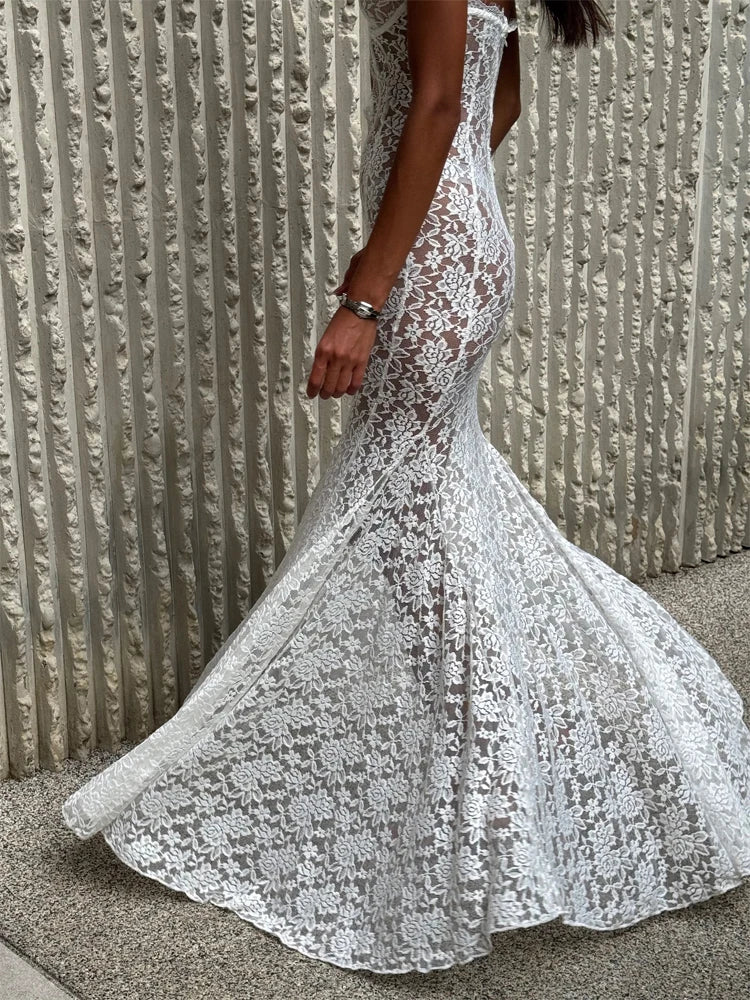 Solid Lace Halter Maxi Dress- Sexy Cutout Waist, Sheer Slim Fit Fishtail Long Gowns