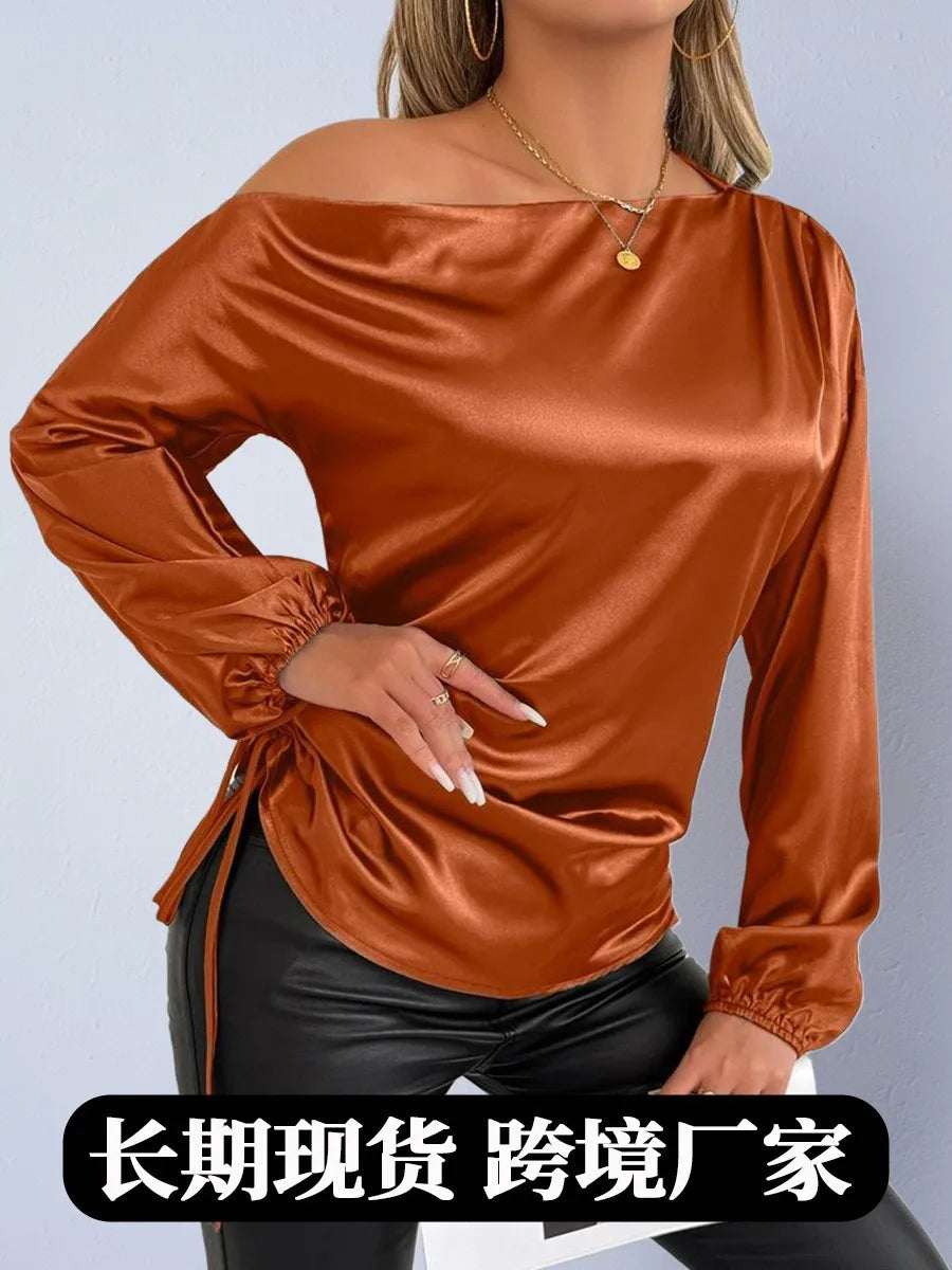 Spring Summer Women's Clothing Satin Asymmetric Slash Neck Long Sleeve Blouse For Woman Slim Fit Polyester Satin Casual Top
