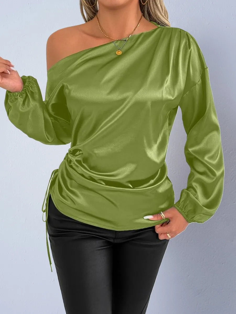 Spring Summer Women's Clothing Satin Asymmetric Slash Neck Long Sleeve Blouse For Woman Slim Fit Polyester Satin Casual Top