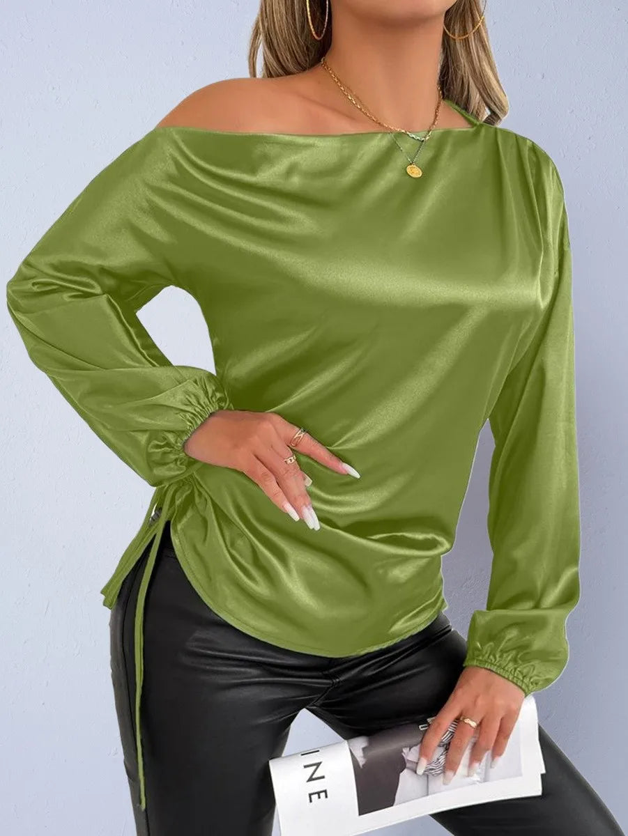 Spring Summer Women's Clothing Satin Asymmetric Slash Neck Long Sleeve Blouse For Woman Slim Fit Polyester Satin Casual Top