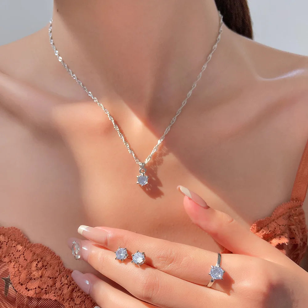 5Pcs Elegant Crystal Jewelry Set Zirconia Ring, Necklace, Bracelet, And Earrings