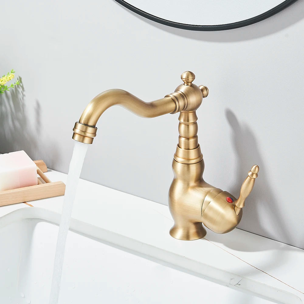 Kitchen Sink Faucets Antique Brass Single Handle Kitchen Basin Faucets Deck Mounted Hot & Cold Water Mixer Basin Sink Taps