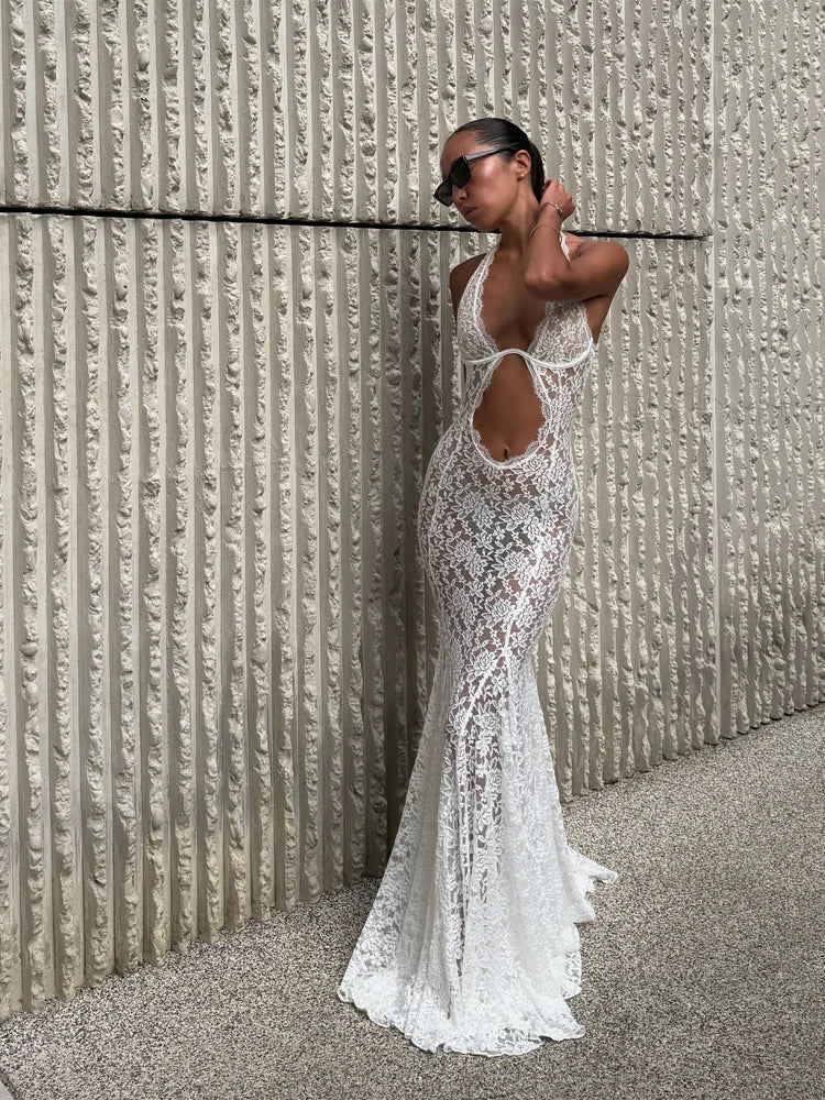 Solid Lace Halter Maxi Dress- Sexy Cutout Waist, Sheer Slim Fit Fishtail Long Gowns