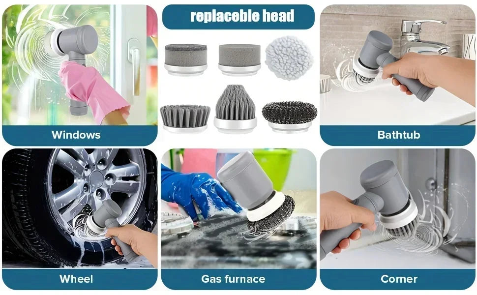 Electric Spin Scrubber-Cordless Cleaning Brush Power Scrubber with 5 Replaceable Brush Heads