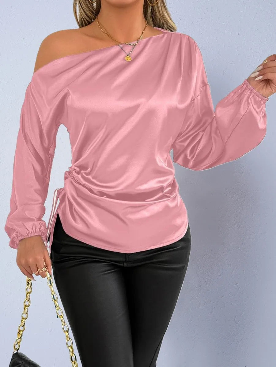 Spring Summer Women's Clothing Satin Asymmetric Slash Neck Long Sleeve Blouse For Woman Slim Fit Polyester Satin Casual Top