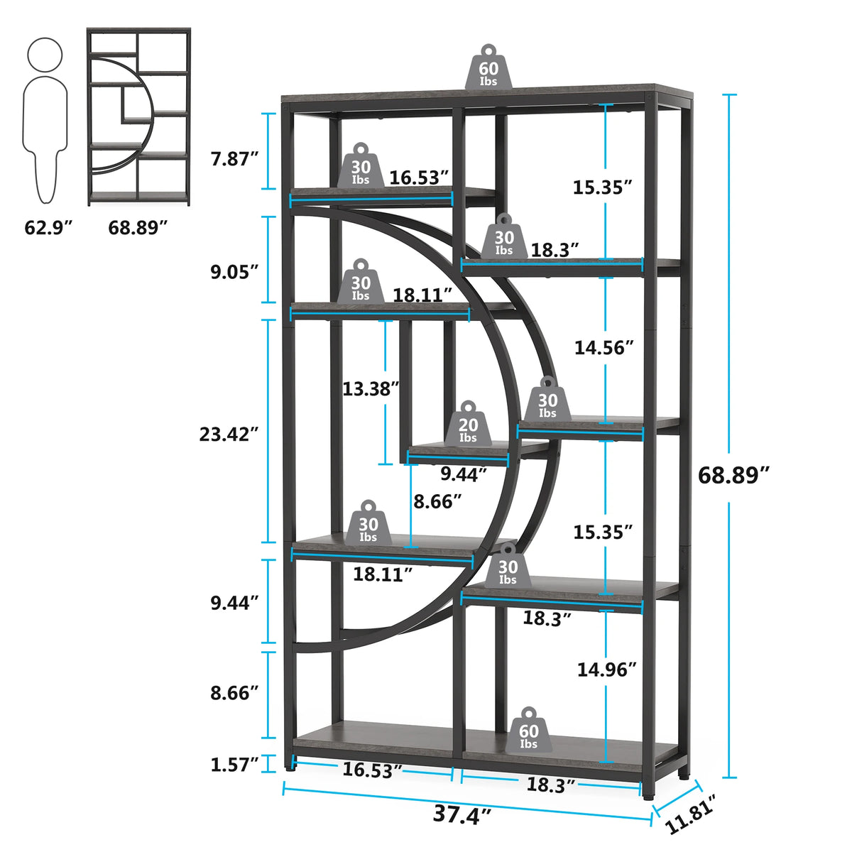 Tribesigns Bookshelf, Industrial 5 Tier Etagere Bookcase, Freestanding Tall Bookshelves Display Shelf Storage Organizer