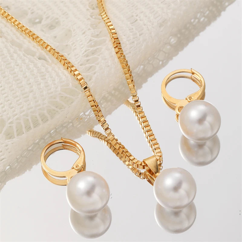 Fashion Elegant Pearl Pendant Jewelry Set for Women Vintage Gold Color Chain Necklace Earring Girl Wedding Party Gifts
