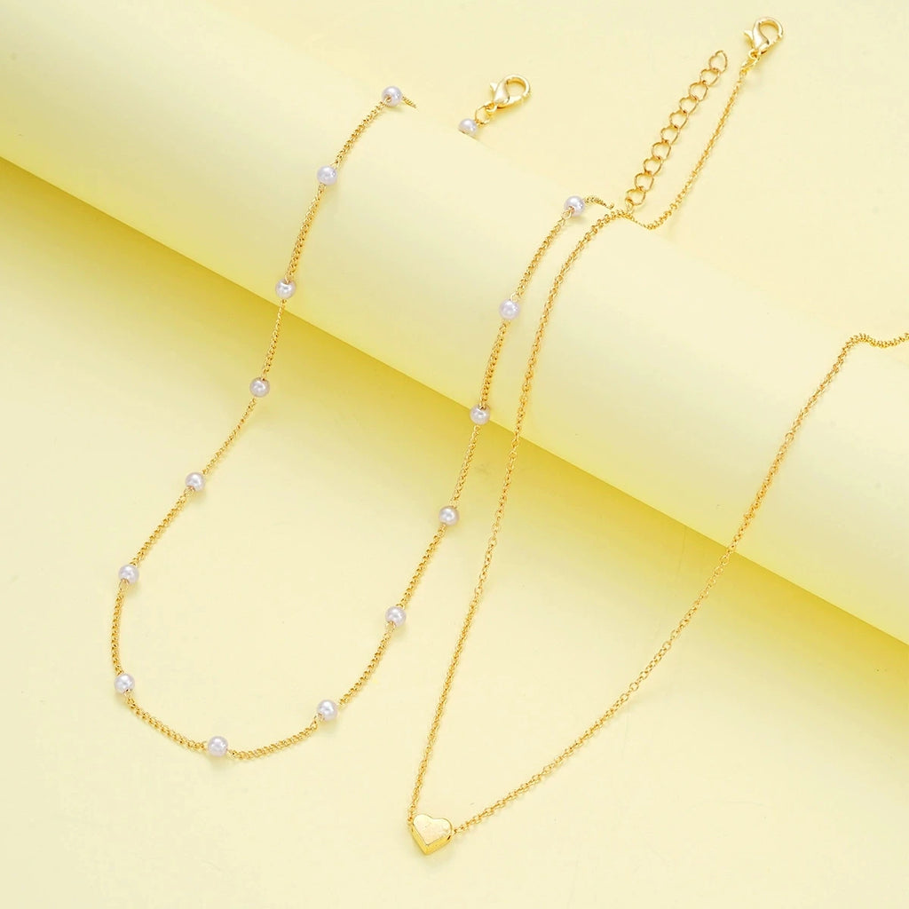 Fashion Pearl Heart Jewelry Set For Women Gold Silver Color Round Beads Necklace Bracelet Set