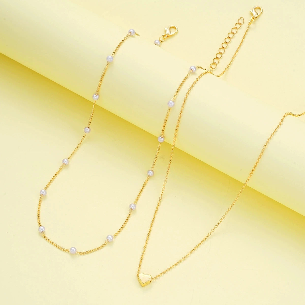 Fashion Pearl Heart Jewelry Set For Women Gold Silver Color Round Beads Necklace Bracelet Set