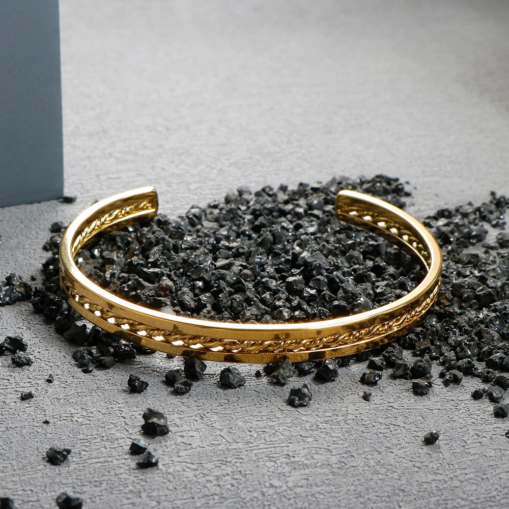 Beads Punk Gold Plated Thick Textured Open Bracelet Bangle for Women and Men