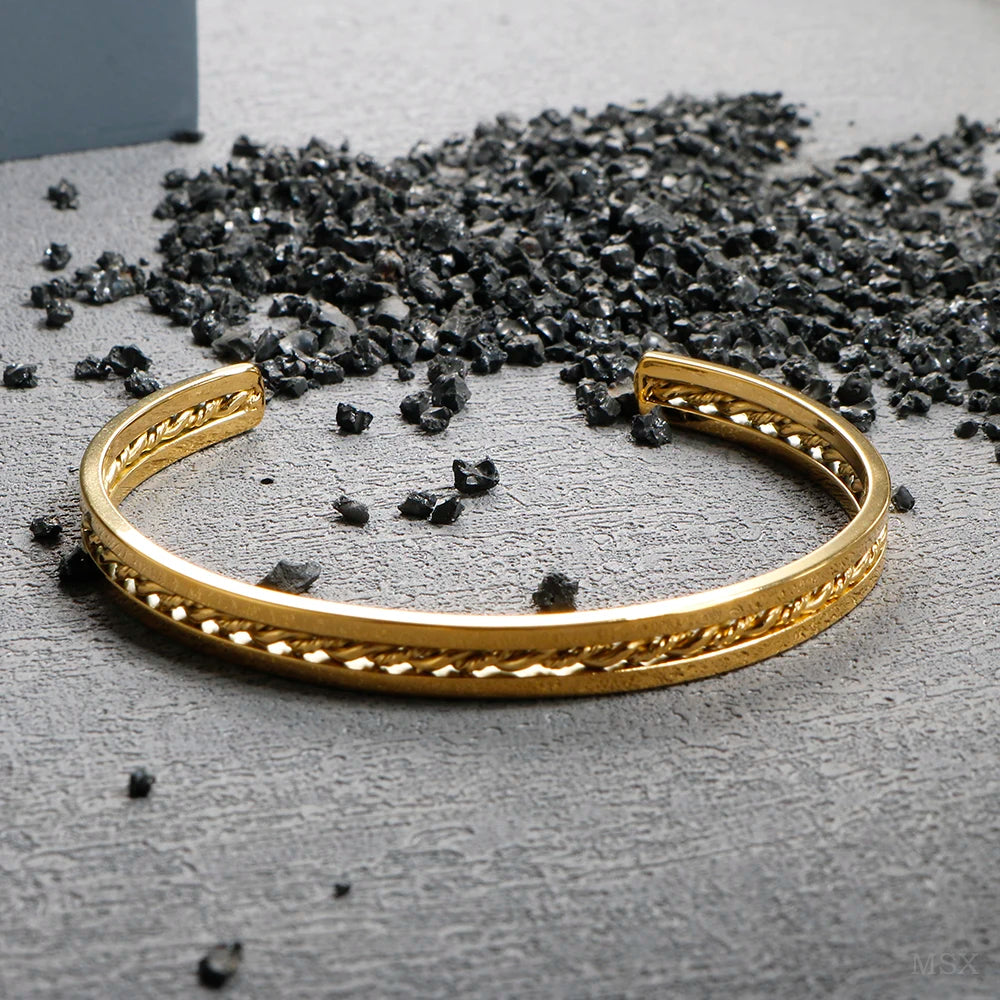 Beads Punk Gold Plated Thick Textured Open Bracelet Bangle for Women and Men