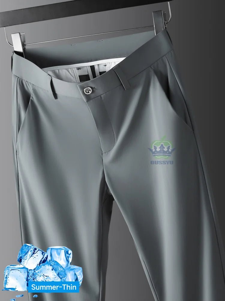 High Stretch Fabric Summer Thin Ice Silk Business Pants Men Elastic Waist Classic Work Office Formal Suit Trousers Plus Size 40