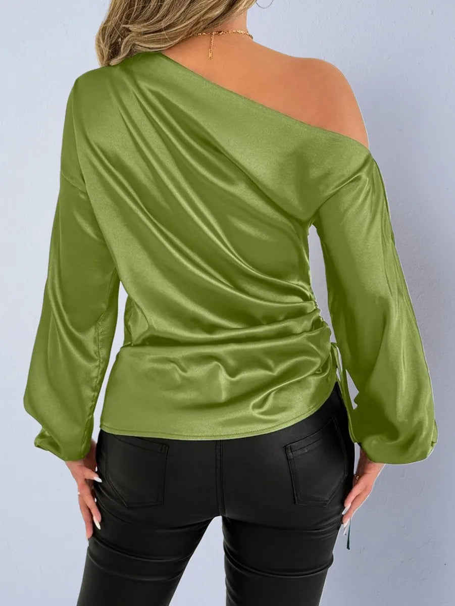Spring Summer Women's Clothing Satin Asymmetric Slash Neck Long Sleeve Blouse For Woman Slim Fit Polyester Satin Casual Top