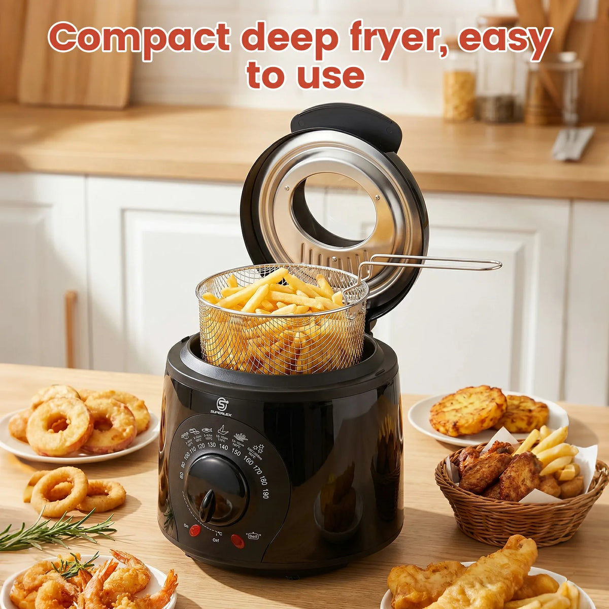 SUPERLEX Electric Deep Fryer 1L For Home Temperature Control Visual Window Removable Oil Tank Easy‑Clean