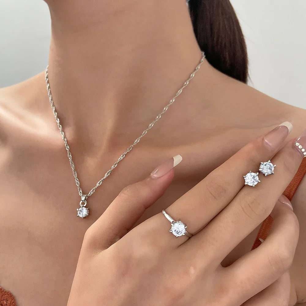5Pcs Elegant Crystal Jewelry Set Zirconia Ring, Necklace, Bracelet, And Earrings