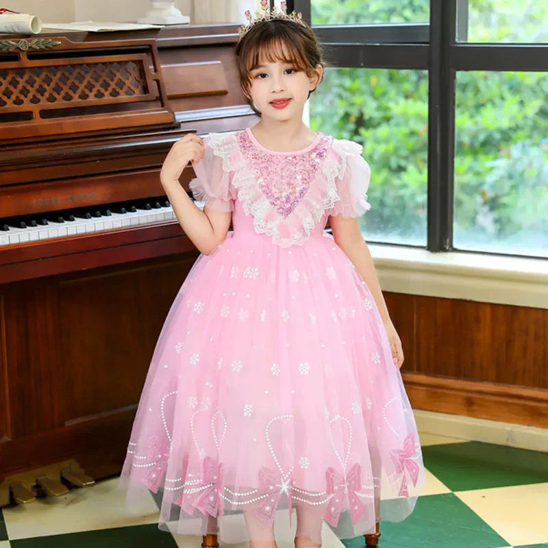 Summer Girls Tulle Dress Princess Sequined Puff Mesh Gown